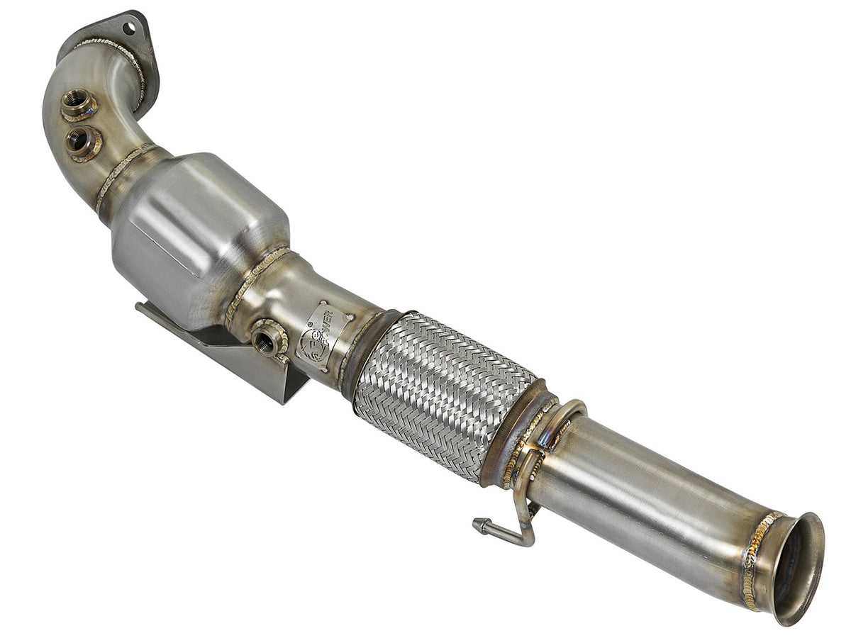 aFe Power Twisted Steel Down Pipe 3 IN 304 Stainless Steel w/ Cat — Ford Focus RS 16-18 L4-2.3L (t) — 48-33024-HC