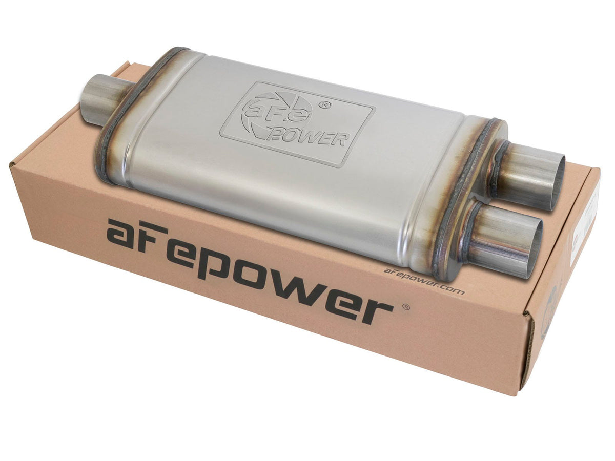 aFe Power MACH Force-Xp 2.5" to 2.5" 409 Stainless Steel Muffler — 2-1/2 IN ID Center/Dual-Outlet x 9 IN W x 4 IN H x 18 IN L - Oval Body — 49M00009