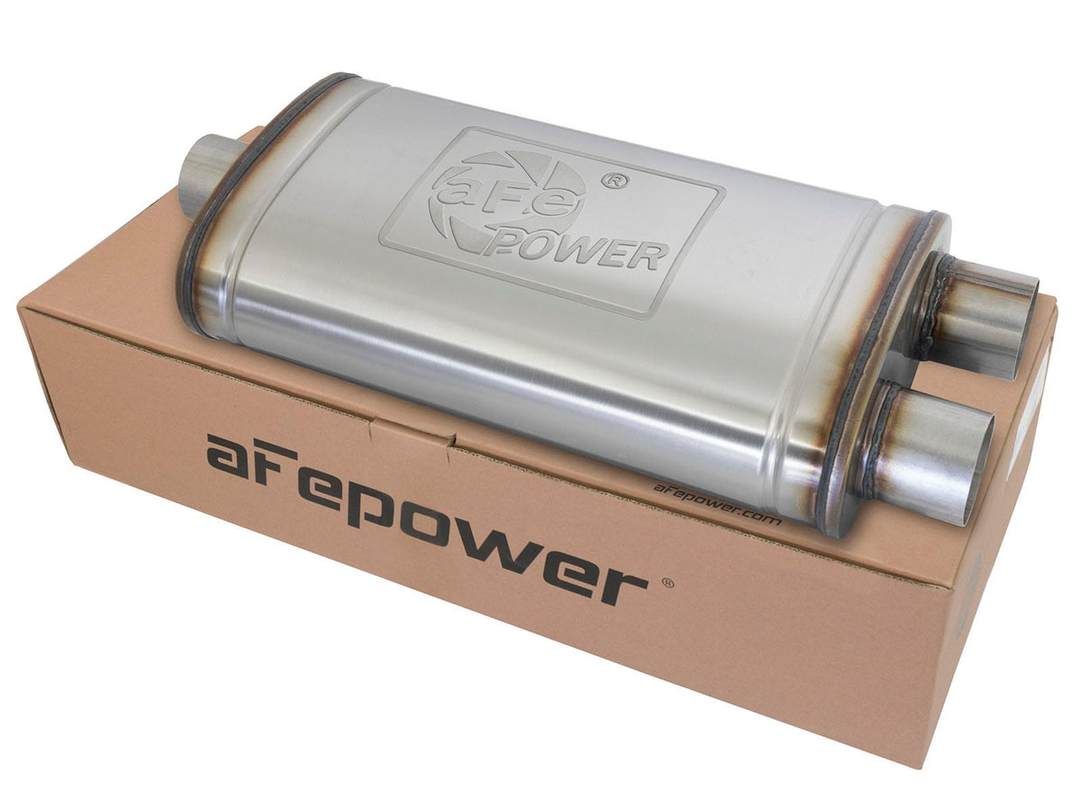 aFe Power MACH Force-Xp 3 IN to 3 IN 409 Stainless Steel Muffler — 3 IN ID Center/Dual-Outlet x 11 IN W x 6 IN H x 22 IN L - Oval Body — 49M00015