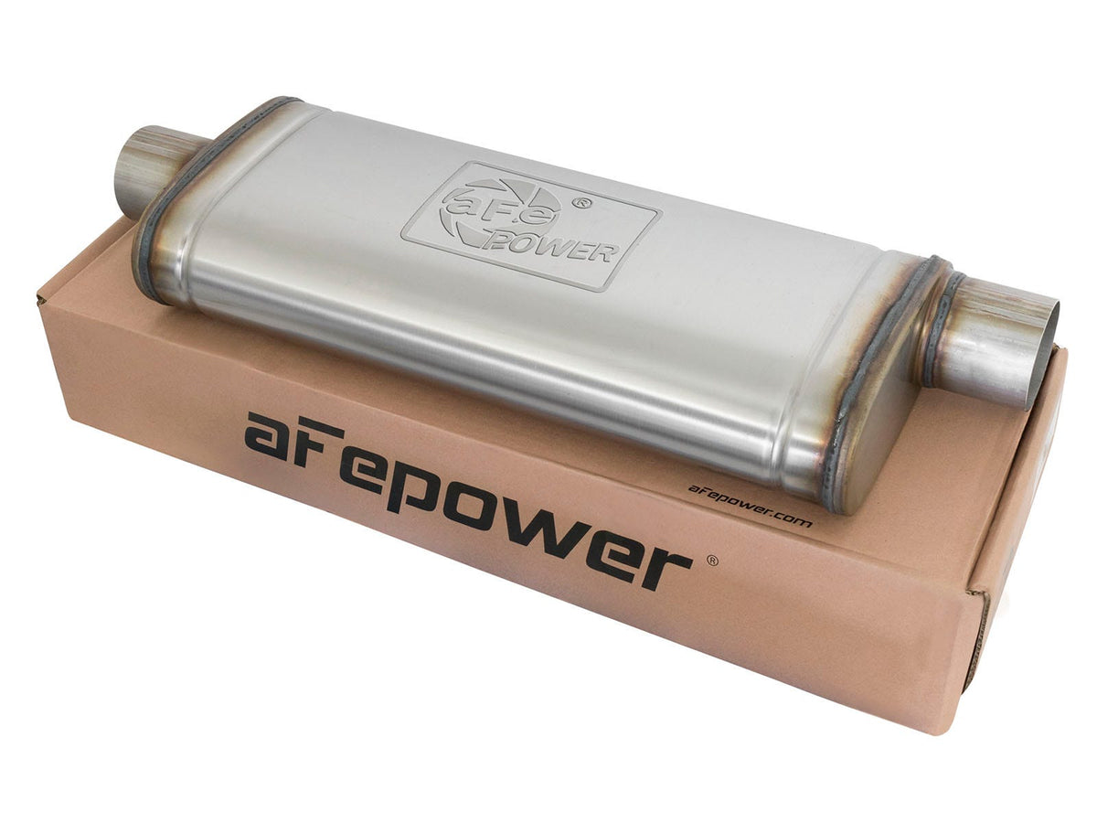aFe Power MACH Force-Xp 3" to 3" 409 Stainless Steel Muffler — 3 IN ID Center/Offset x 9 IN W x 4 IN H x 22 IN L - Oval Body — 49M00017