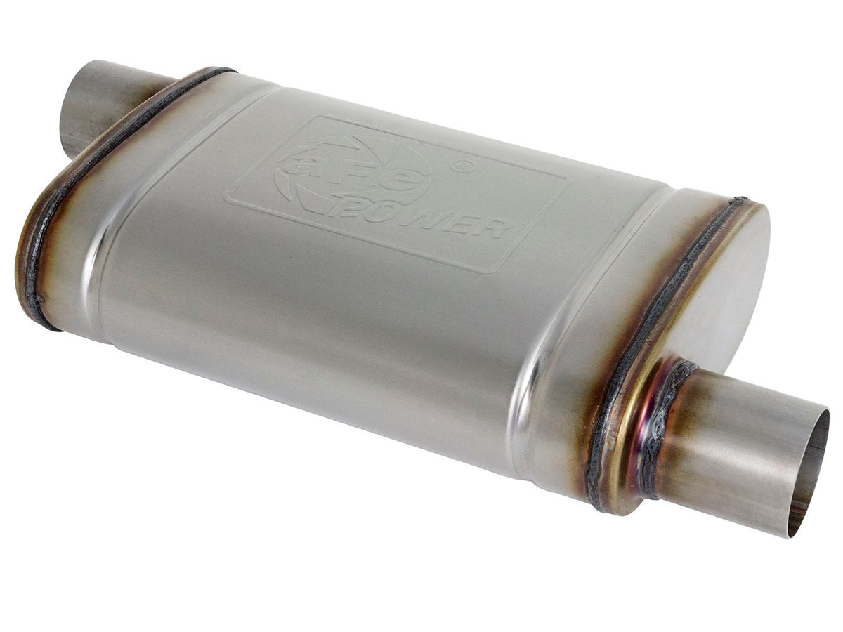 aFe Power MACH Force-Xp 2-1/2" 409 Stainless Steel Muffler — 2-1/2 IN ID Offset/Offset x 9 IN W x 4 IN H x 14 IN L - Oval Body — 49M00028