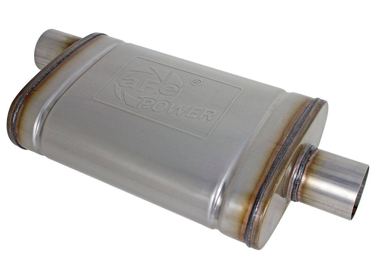 aFe Power MACH Force-Xp 2-1/2" 409 Stainless Steel Muffler — 2-1/2 IN ID Offset/Center x 9 IN W x 4 IN H x 14 IN L - Oval Body — 49M00029