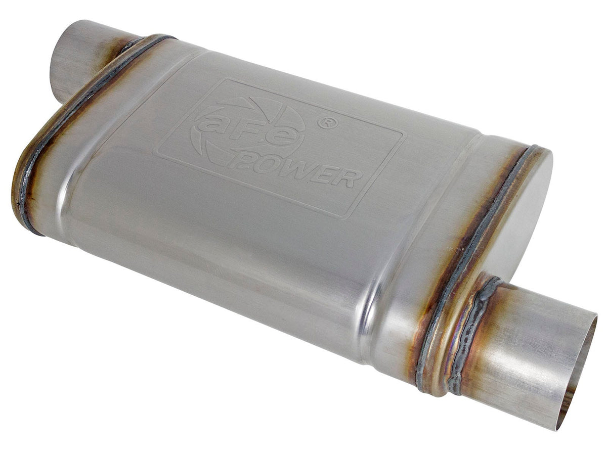 aFe Power MACH Force-Xp 3" 409 Stainless Steel Muffler — 3 IN ID Offset/Offset x 4 IN H x 9 IN W x 14 IN L - Oval Body — 49M00030