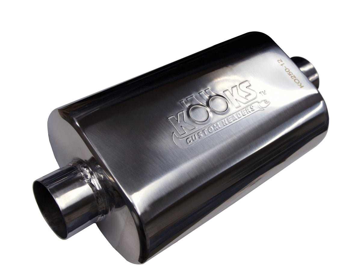 Kooks 2-1/2" Oval Center/Center Muffler 12" Long Body . Polished Stainless Steel. — KO250-12