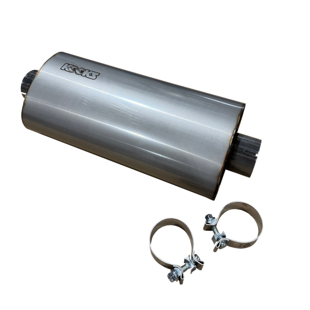 Kooks 3" Oval Clamp In Center/Center Muffler 18" Long Body . Polished Stainless Steel. — MUF-019-CI