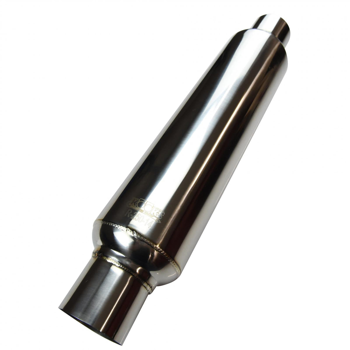 Kooks 2-1/2" Round Muffler 14" Long. Polished Stainless Steel. — R250-14