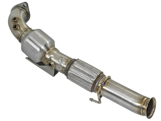 aFe Power Twisted Steel Down Pipe 3 IN 304 Stainless Steel w/ Cat — Ford Focus RS 16-18 L4-2.3L (t) — 48-33024-HC