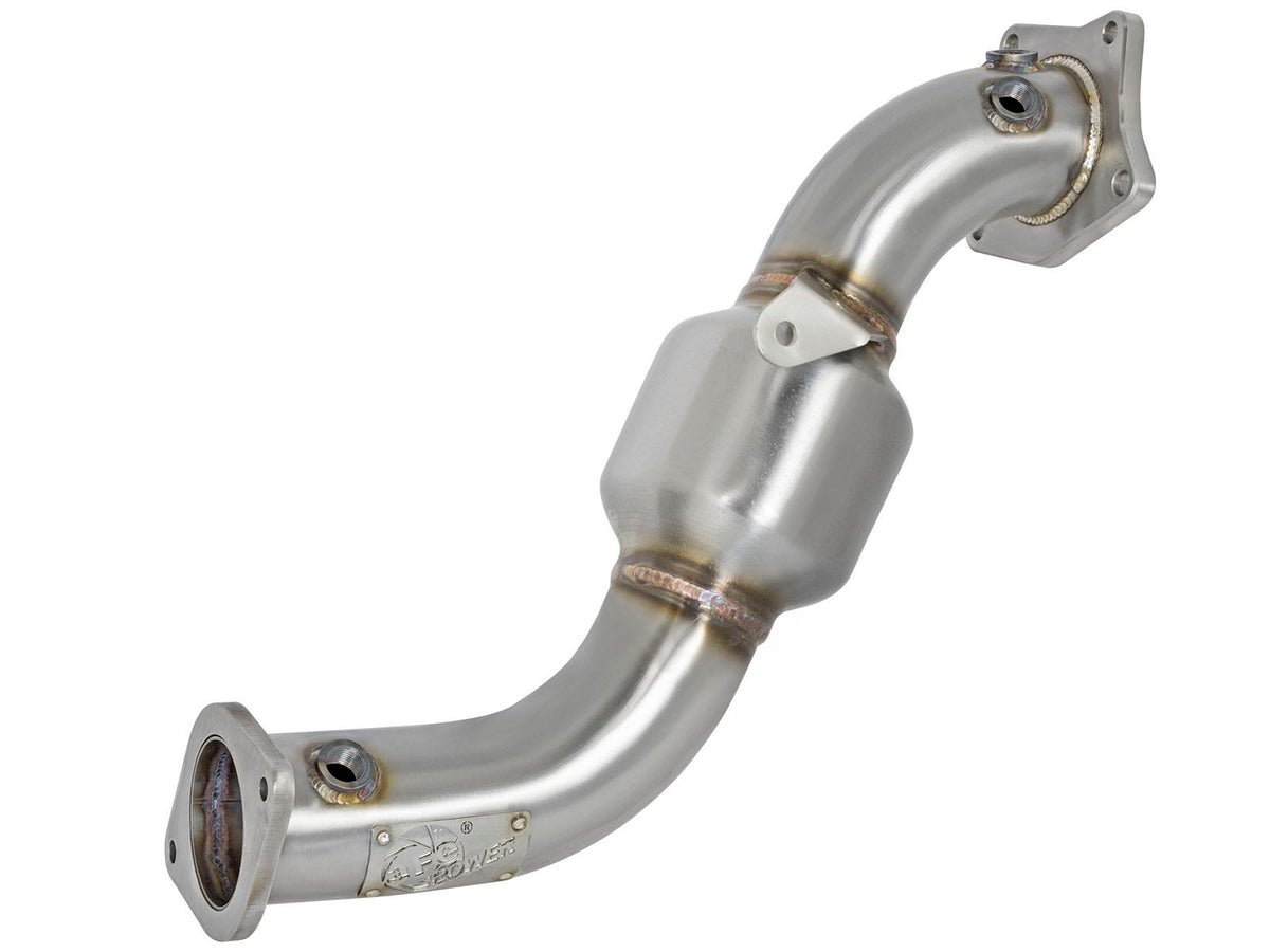 aFe Power Twisted Steel Down Pipe 3 IN 304 Stainless Steel w/ Cat — Cadillac ATS 13-19 / Chevy Camaro 16-19 L4-2.0L (t) — 48-34126-HC