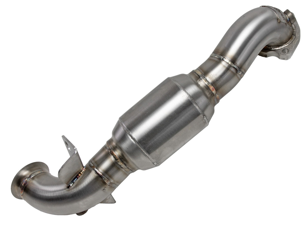 aFe Power Twisted Steel Down Pipe 2-1/2 IN 304 Stainless Steel w/ Cat — MINI Cooper S (R56) 07-15 L4-1.6L (t) N14/N18 — 48-36318-1HC
