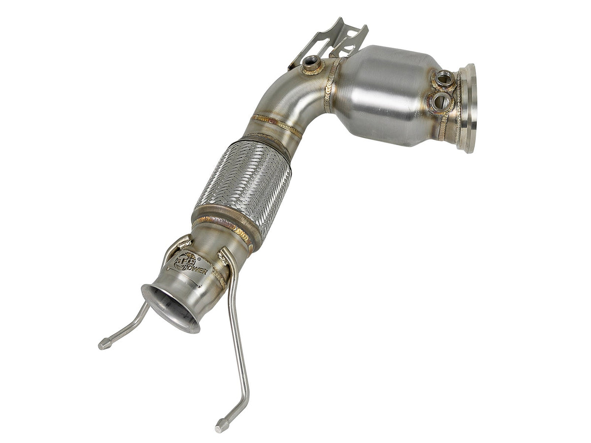 aFe Power Twisted Steel Down Pipe 3 to 2-3/4 IN 304 Stainless Steel w/ Cat — MINI Cooper S (F55/F56/F57) 15-19 L4-2.0L (t) B46 — 48-36322-HC