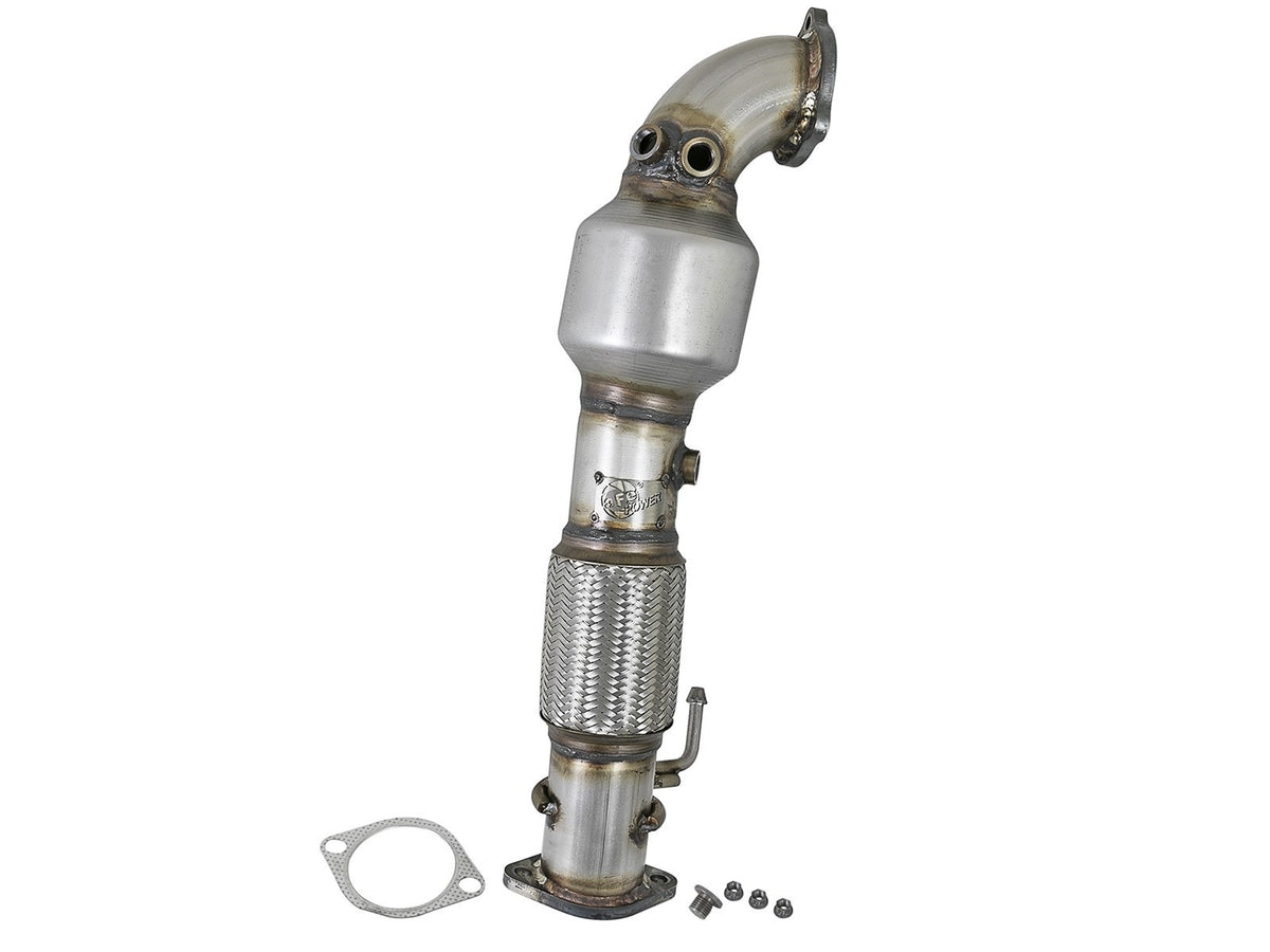 aFe Power Twisted Steel Down Pipe 3 IN 304 Stainless Steel w/ Cat — Hyundai Elantra 17-19 L4-1.6L (t) — 48-37001-1HC