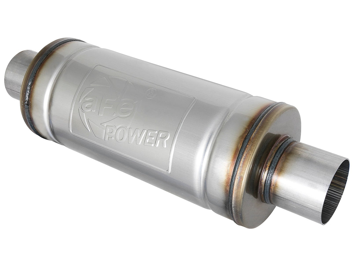 aFe Power MACH Force-Xp 2-1/2" 409 Stainless Steel Muffler — 2-1/2 IN ID Center/Center x 6 IN Dia. x 14 IN L - Round Body — 49M00007
