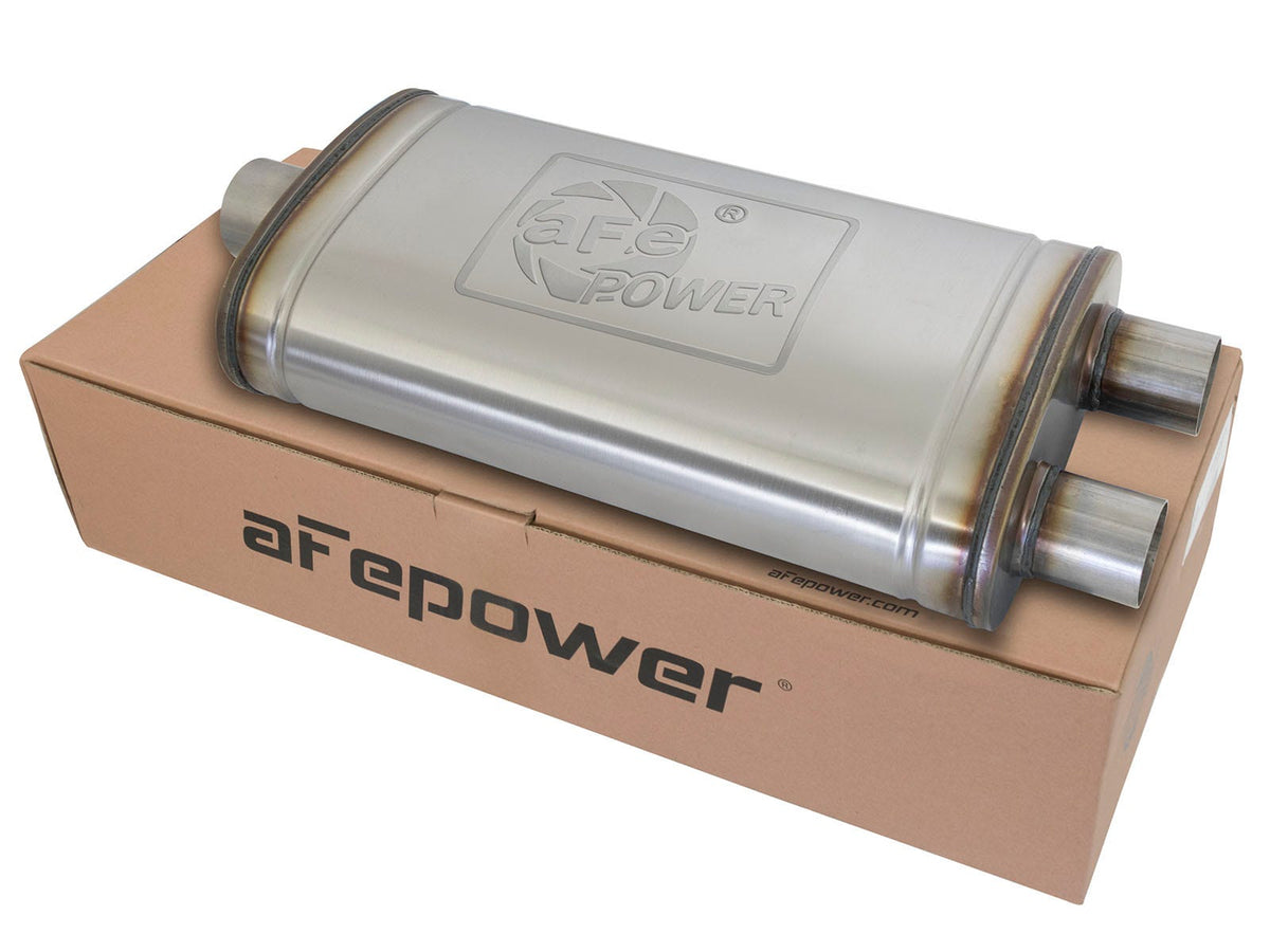 aFe Power MACH Force-Xp 3 IN to 2.5 IN 409 Stainless Steel Muffler — 3 IN ID Center/2-1/2 IN ID Dual-Outlet x 11 IN W x 6 IN H x 22 IN L - Oval Body — 49M00014