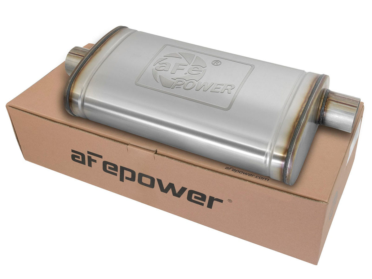 aFe Power MACH Force-Xp 3 IN to 3 IN 409 Stainless Steel Muffler — 3 IN ID Center/Offset x 11 IN W x 5 IN H x 22 IN L - Oval Body — 49M00016