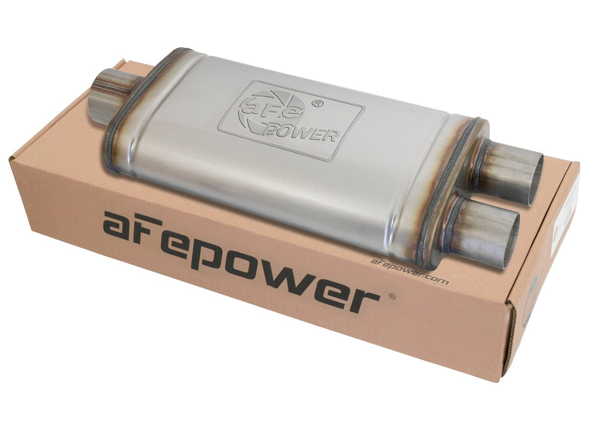 aFe Power MACH Force-Xp 3" to 2.5" 409 Stainless Steel Muffler — 3 IN ID Center/2-1/2 Dual-Outlet x 18 IN L x 9 IN W x 4 IN H - Oval Body — 49M00018