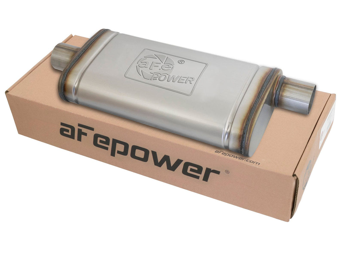 aFe Power MACH Force-Xp 2.5" to 2.5" 409 Stainless Steel Muffler — 2-1/2 IN ID Center/Offset x 9 IN W x 4 IN H x 18 IN L - Oval Body — 49M00019