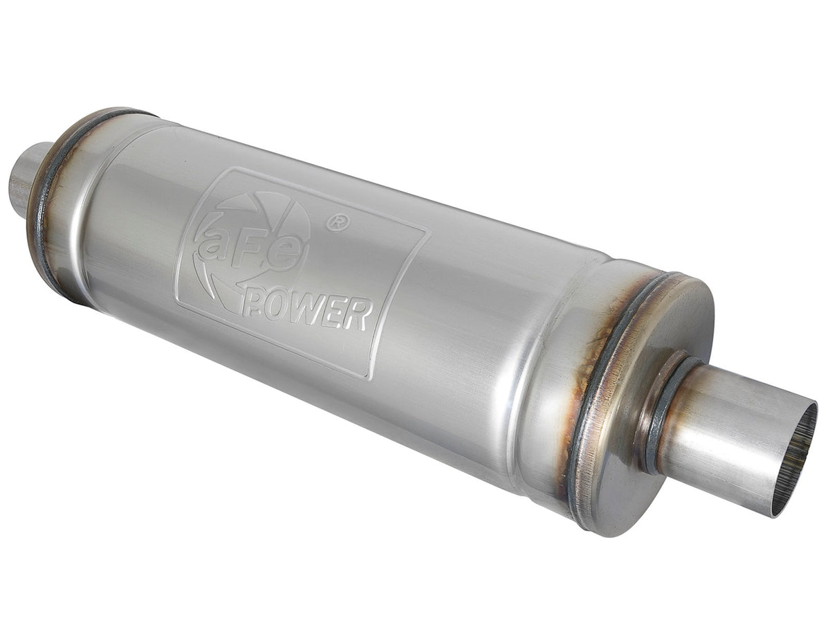 aFe Power MACH Force-Xp 2-1/2" 409 Stainless Steel Muffler — 2-1/2 IN ID Center/Center 18 IN L x 6 IN Dia - Round Body — 49M00021