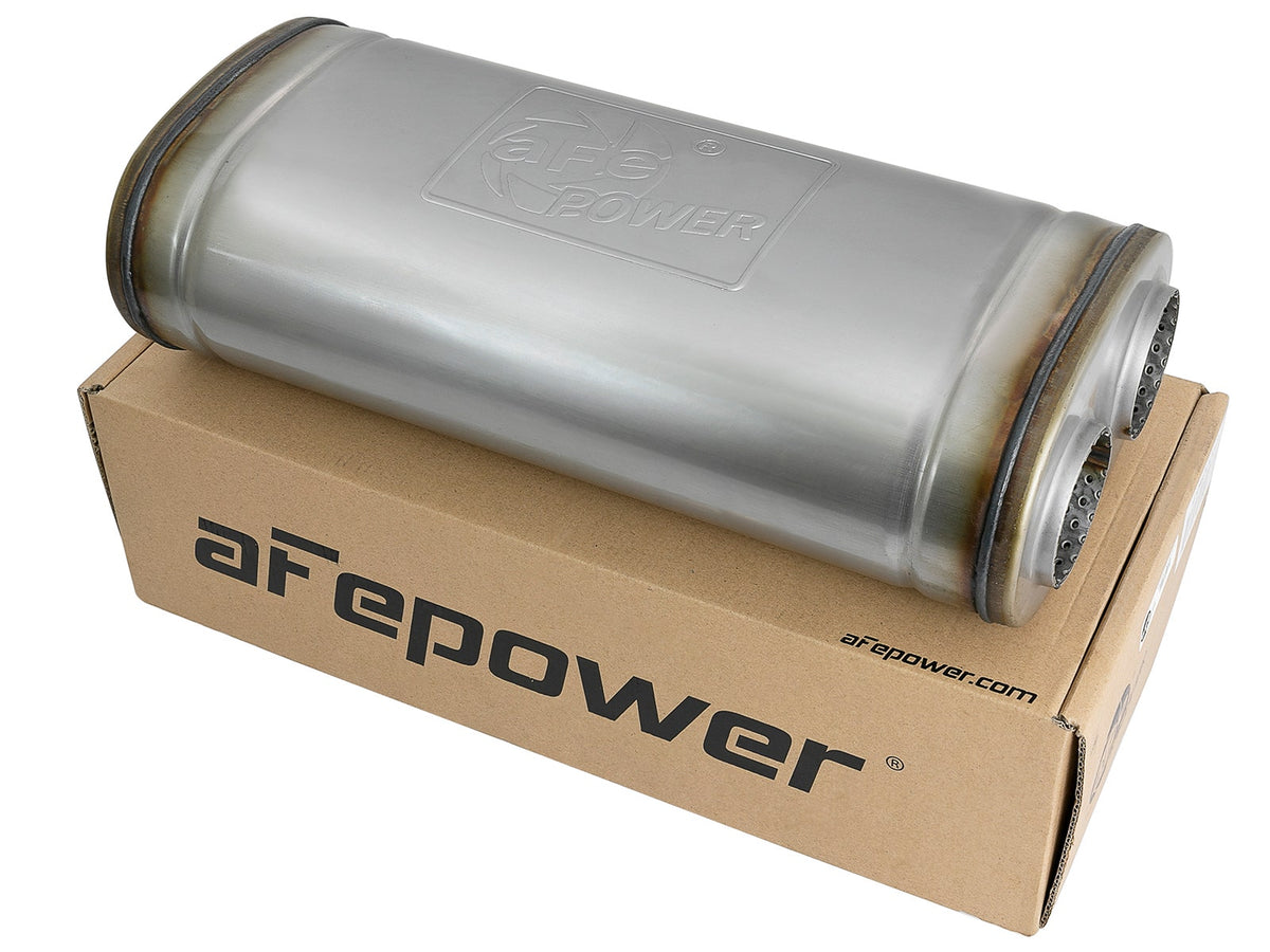 aFe Power MACH Force-Xp 2-1/2" 409 Stainless Steel Muffler — 2-1/2 IN ID Offset/Dual x 18 IN L x 8 IN W x 5 IN H - Oval Body — 49M00033
