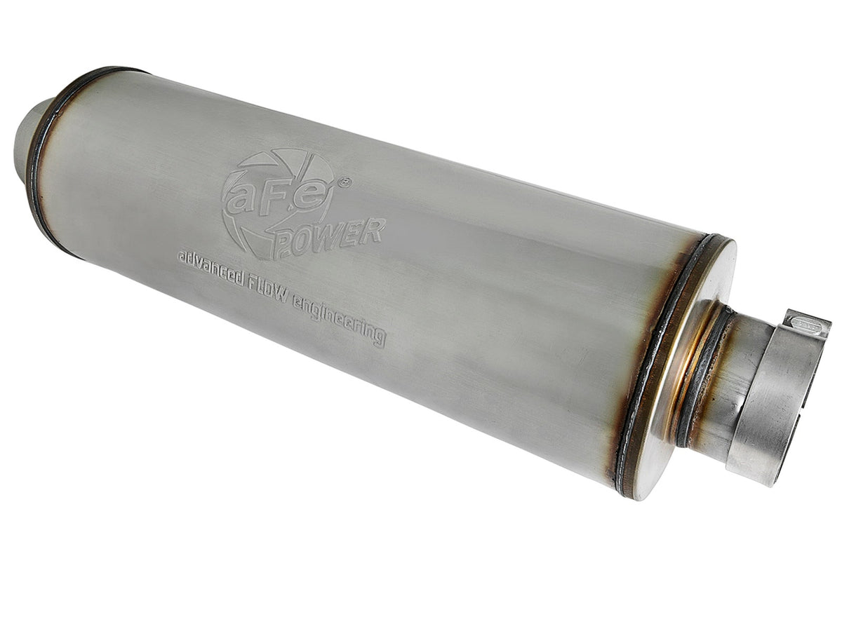 aFe Power SATURN 4S - 4" 409 Stainless Steel Muffler — 4 IN ID Center/Center x 8 IN Dia. x 30 IN OAL - Round Body — 49M00038