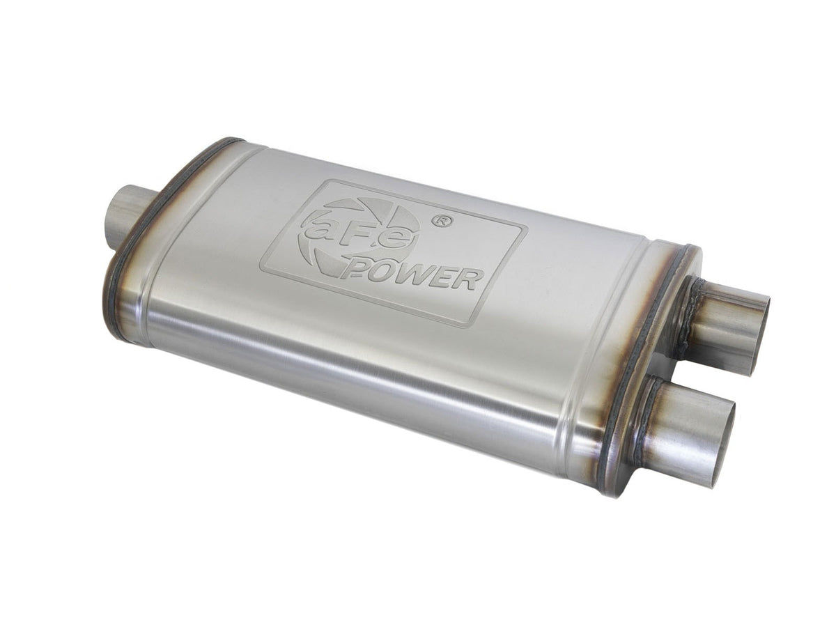 aFe Power MACH Force-Xp 304 Stainless Steel Muffler — 3 IN Inlet (Center) / 3 IN Outlet (Dual) x 22 IN L x 11 IN W x 6 IN H — 49M30015