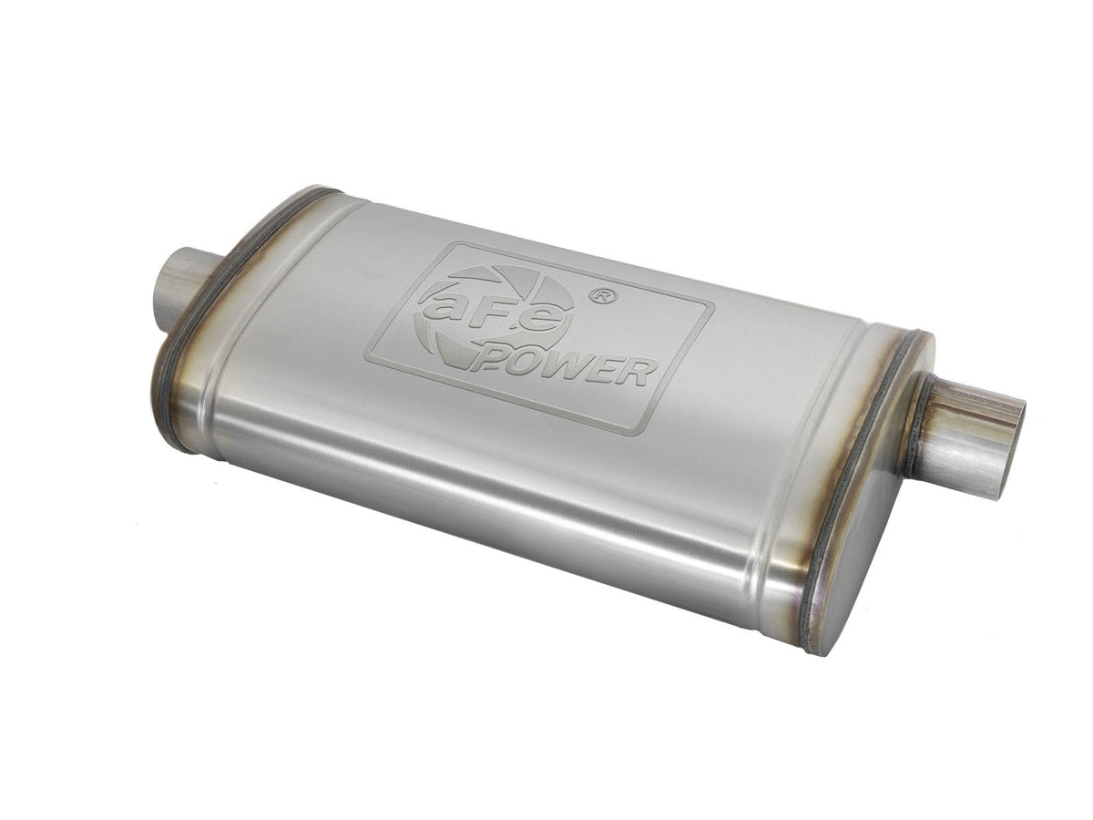aFe Power MACH Force-Xp 304 Stainless Steel Muffler — 3 IN Inlet (Center) / 3 IN Outlet (Off-Center) x 22 IN L x 11 IN W x 5 IN H — 49M30016