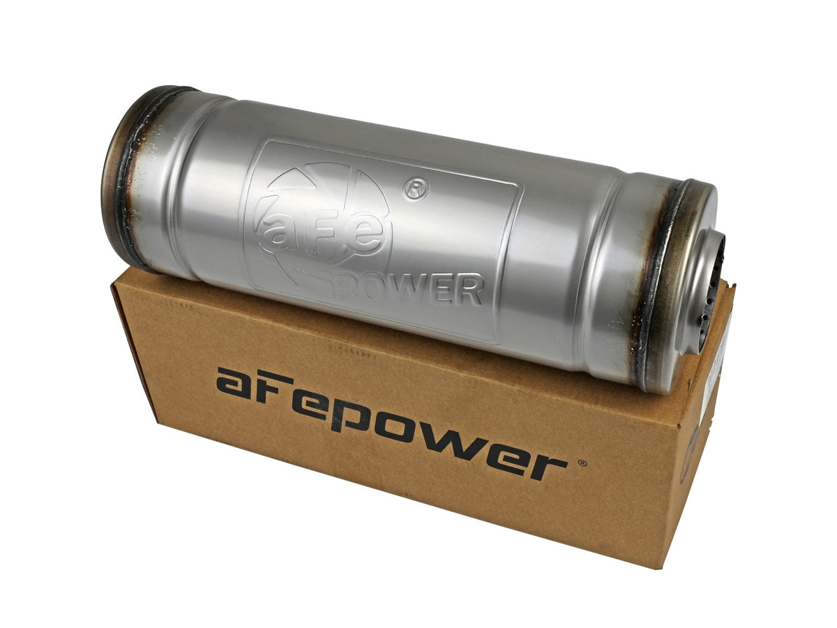 aFe Power MACH Force-Xp 2-1/2" 304 Stainless Steel Muffler — 2-1/2 IN ID Center/Center x 9 IN Dia. x 14 IN L - Round Body — 49M30045