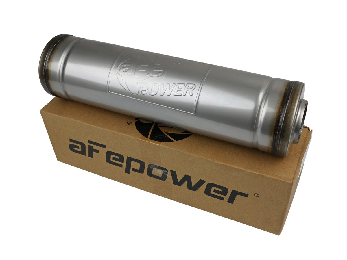 aFe Power MACH Force-Xp 2-1/2" 304 Stainless Steel Muffler — 2-1/2 IN ID Center/Center x 5 IN Dia. x 18 IN L - Round Body — 49M30048