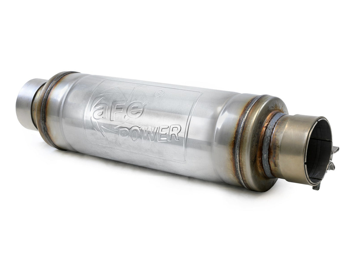 aFe Power MACH Force-Xp 3" 304 Stainless Steel Muffler — 3 IN ID Center/Center x 5 IN Dia. x 19 IN Overall Length - Round Body — 49M30059