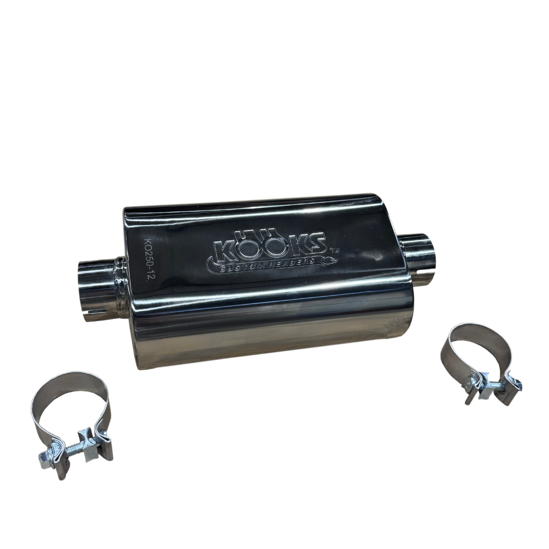 Kooks 2-1/2" Oval Clamp In Muffler 12" Long Body . Polished Stainless Steel. — KO250-12-CI