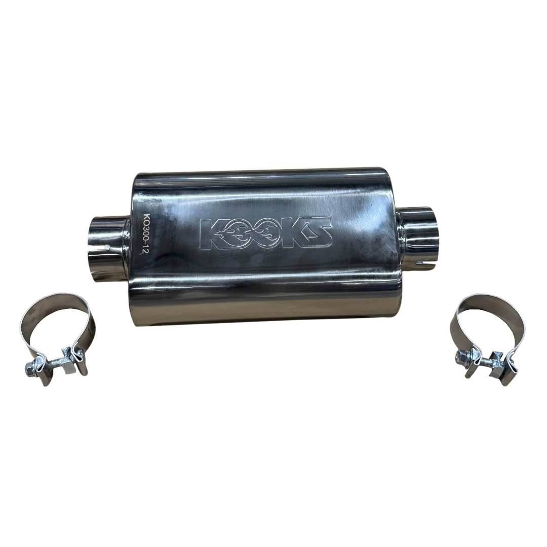 Kooks 3" Oval Clamp In Center/Center Muffler 12" Long Body . Polished Stainless Steel. — KO300-12-CI