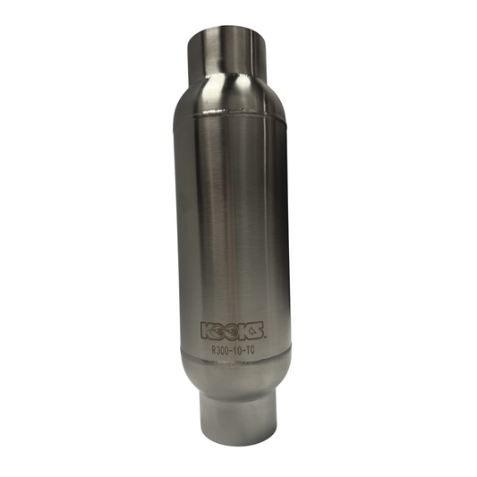Kooks 3” Round Muffler with Tri-Core Insert. 10” Long Body. Polished Stainless Steel. — R300-10-TC